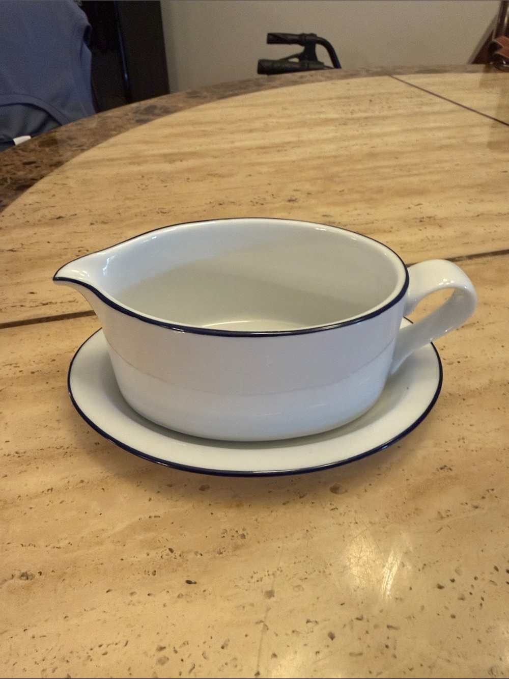 Dansk White Ceramic Gravy Boat with Blue Trim and Matching Saucer